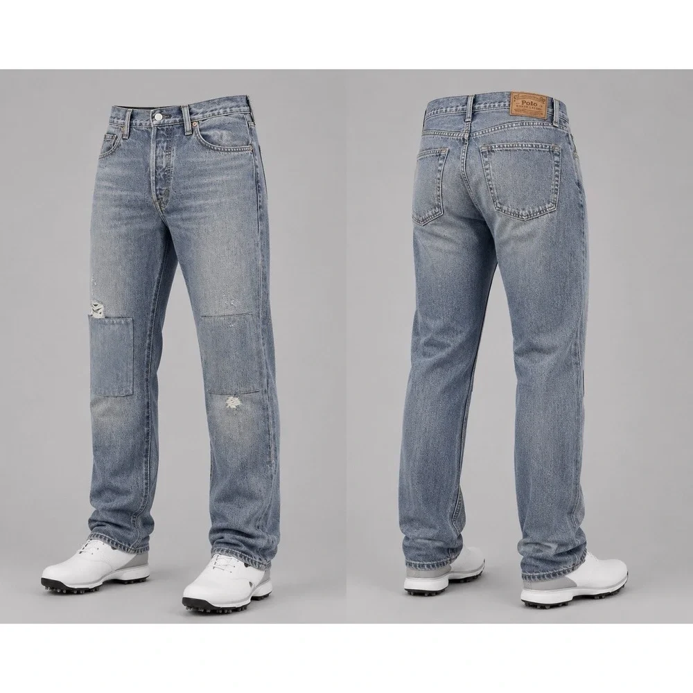Polo Ralph Lauren Jeans Men 26x30  BLUE Relaxed Straight Patches Distressed NWT
